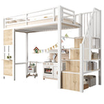 Loft Bed 90x200cm with Storage Ladder - White Iron Frame