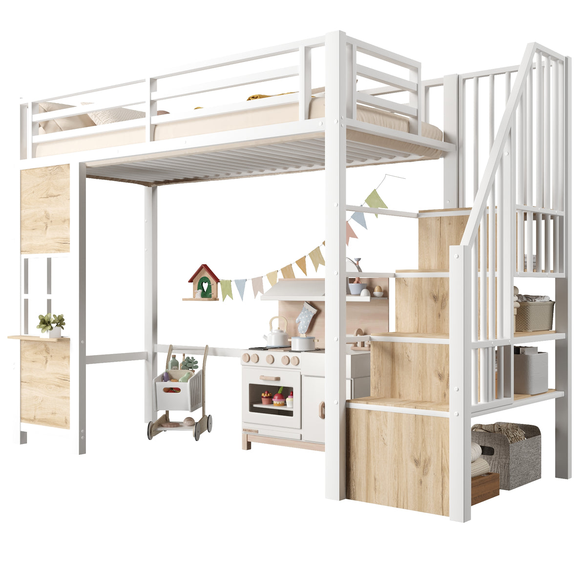 Loft Bed 90x200cm with Storage Ladder - White Iron Frame
