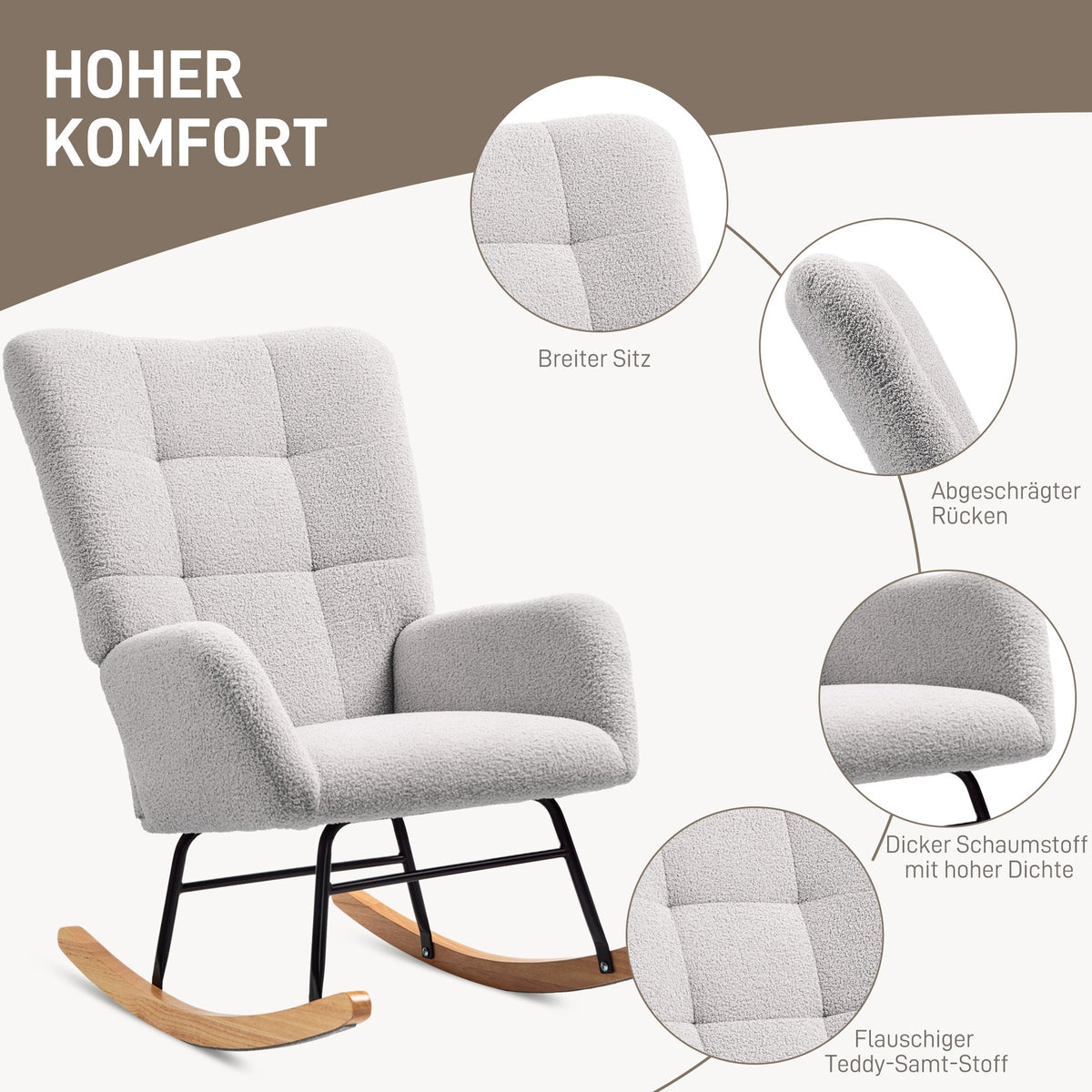 Rocking Chair, Armrests, Wooden Base, Teddy Velvet, Light Gray