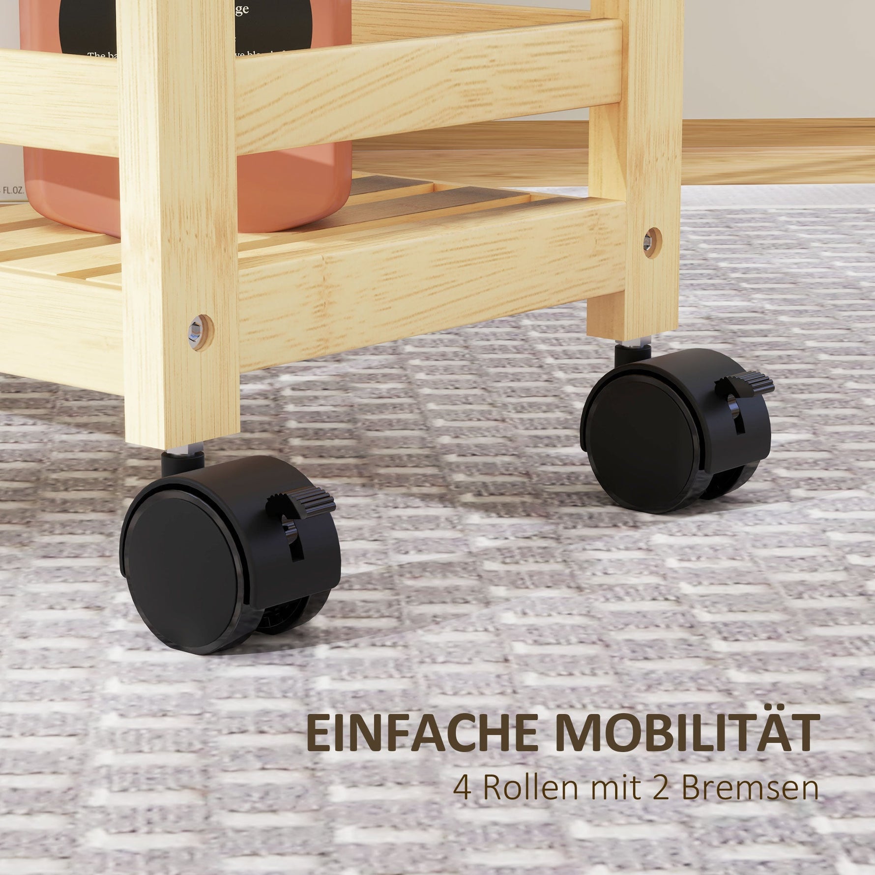 3-Tier Serving Cart, Wheels & Handle, Natural Wood