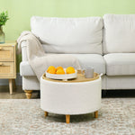 Ottoman Round Upholstered Storage Hinged Lid Wooden Legs, White
