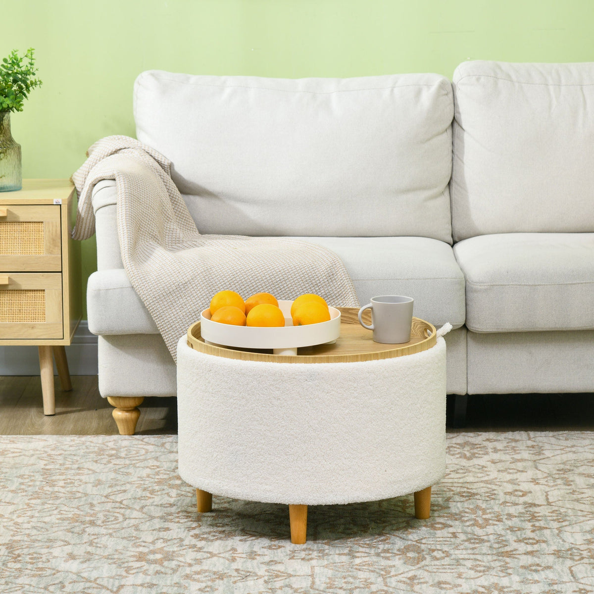 Ottoman Round Upholstered Storage Hinged Lid Wooden Legs, White