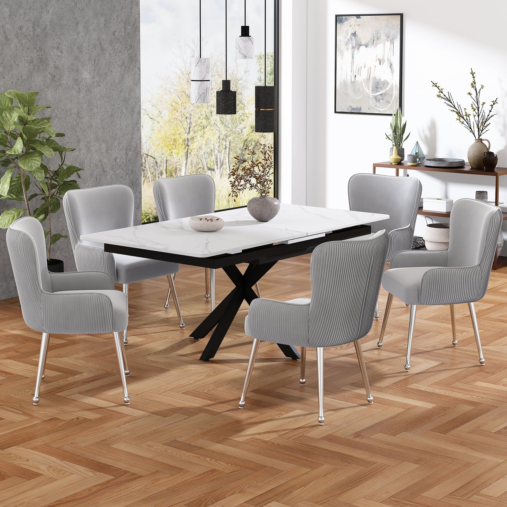 Velvet Dining Chair Set of 4 with Armrests Lumbar Support Adjustable Feet Grey