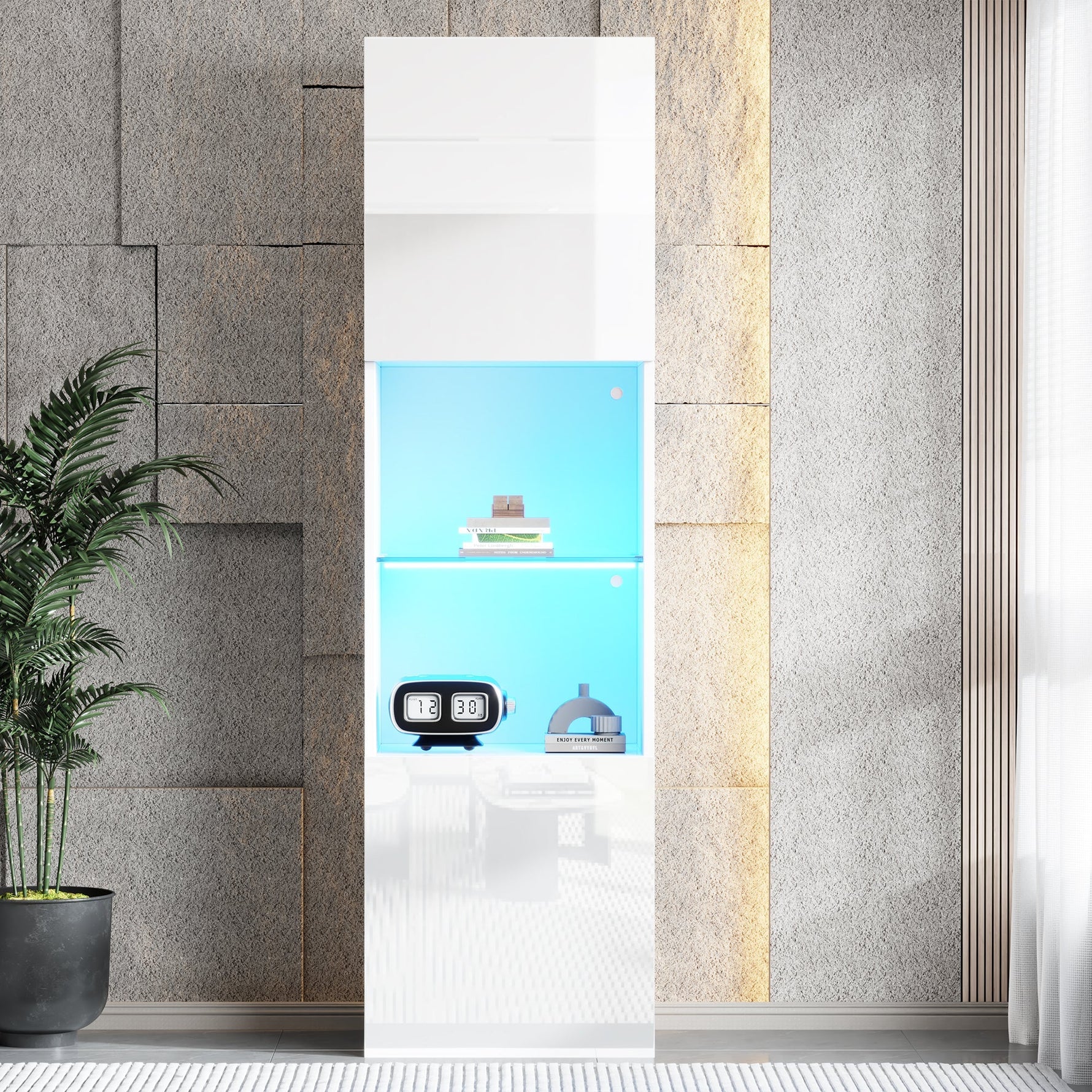 Display Cabinet with LED Lighting, 1 Glass Shelf, 45x35x160 cm, High-Gloss White