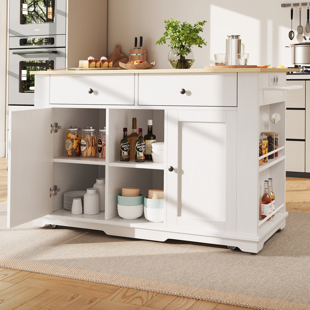 Kitchen Island Trolley Worktop Power Strip Wood Grain White