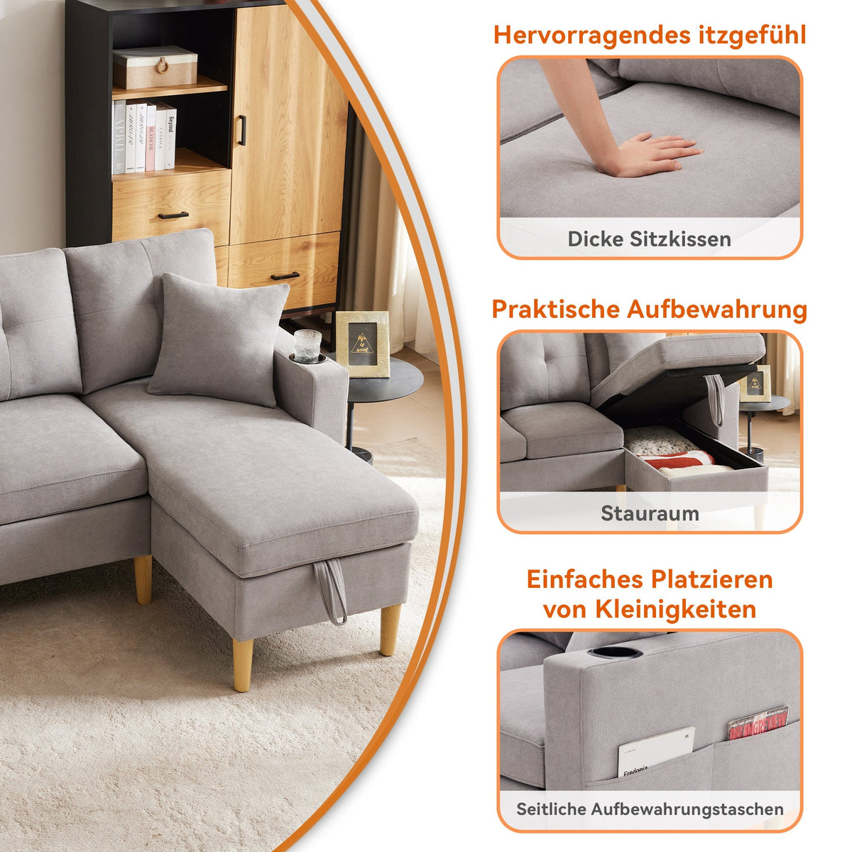 L-Shaped Sofa, 3-Seater with Chaise, Storage, Cup Holder, 2 Pillows