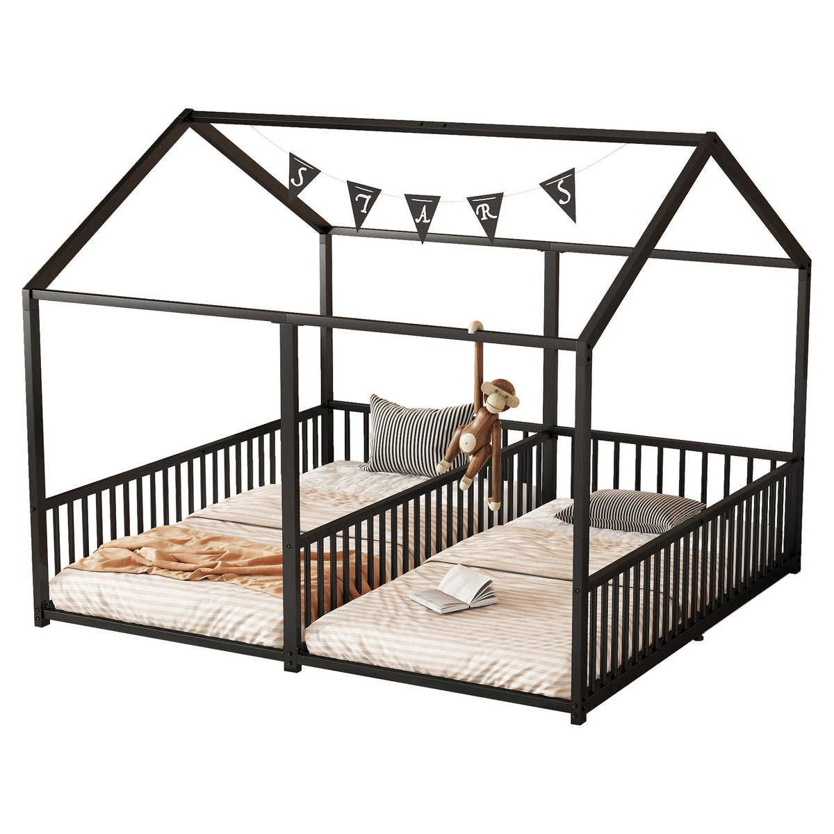 Metal Bed 90x200cm House Design Ladder - Black Iron Frame
