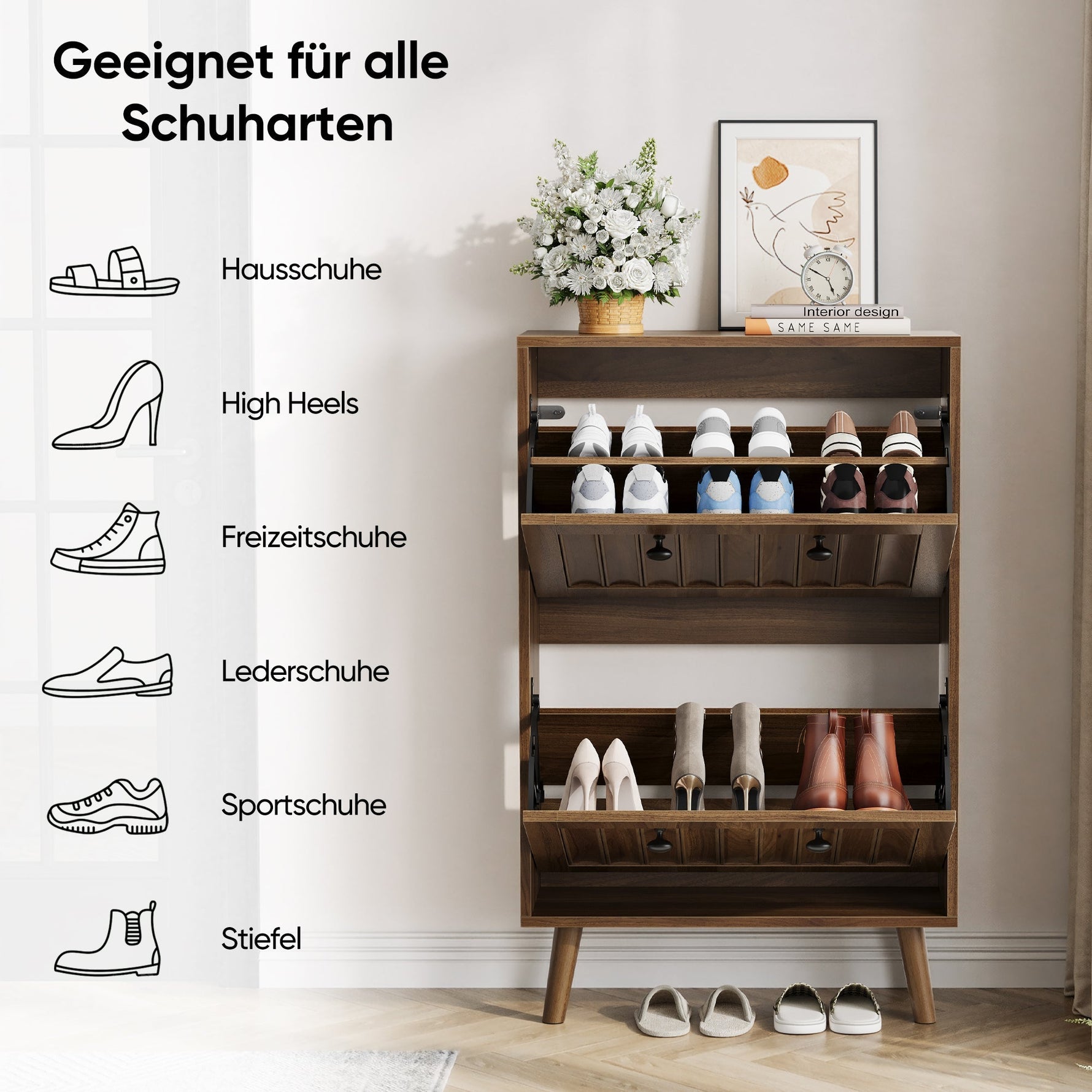 Shoe Storage Cabinet with Vertically Grooved Surface and Medieval Style, 60cm High, Walnut