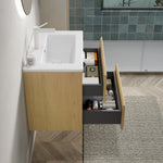 Wall-mounted Bathroom Vanity Unit with Ceramic Sink and 2 Drawers, Collora Wood Grain