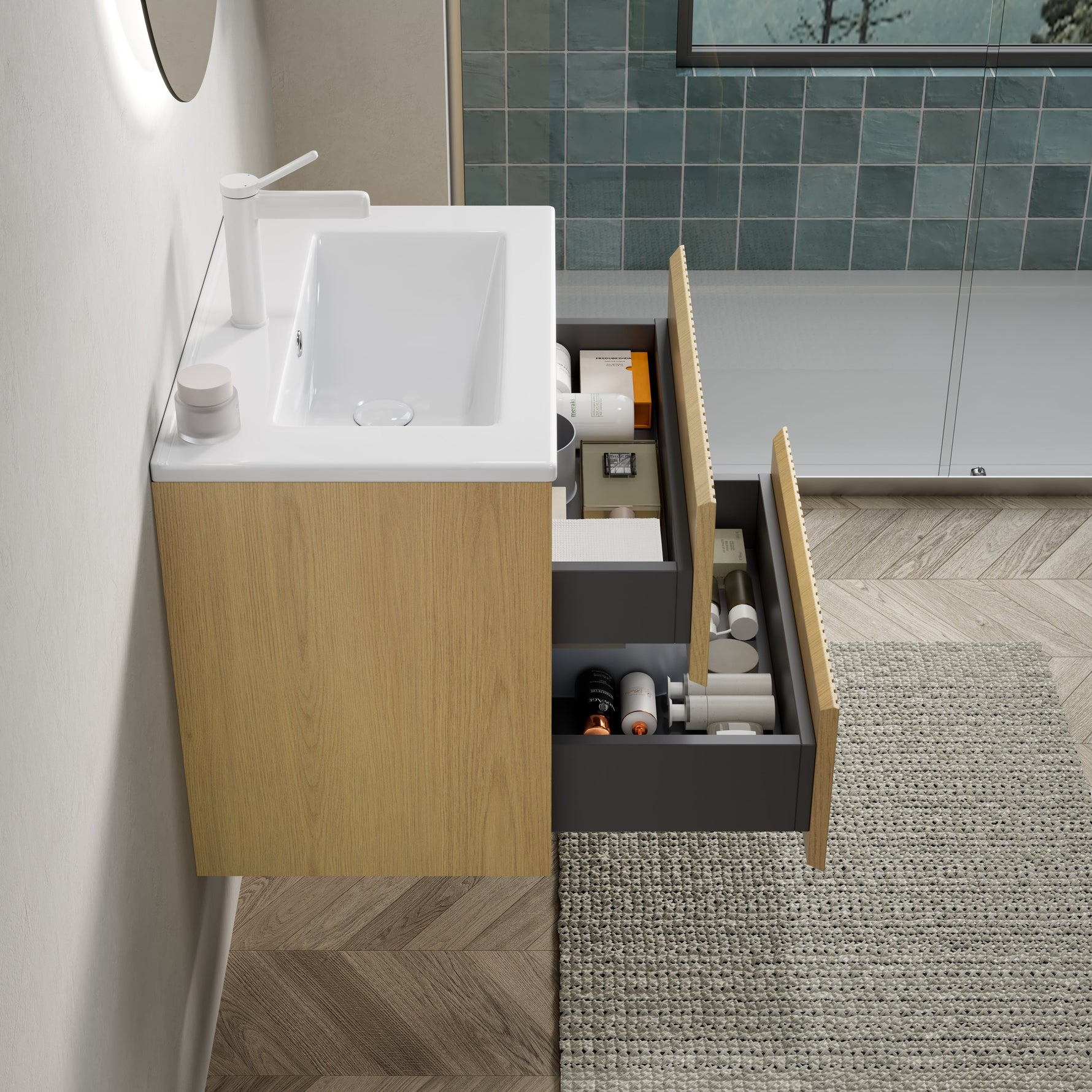 Wall-mounted Bathroom Vanity Unit with Ceramic Sink and 2 Drawers, Collora Wood Grain
