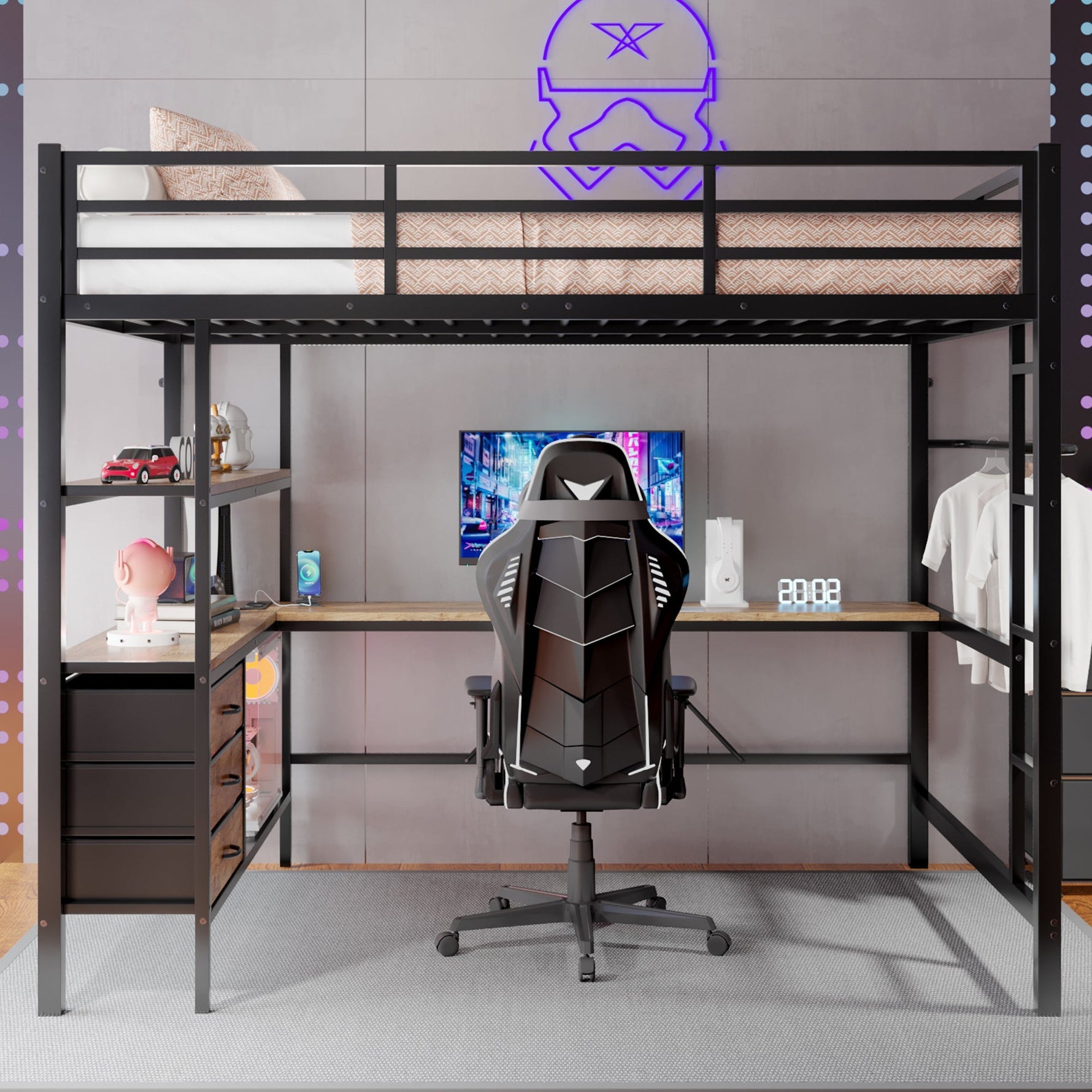 Loft Bed 140x200cm with LED Desk USB Port 3 Drawers Stairs - Black