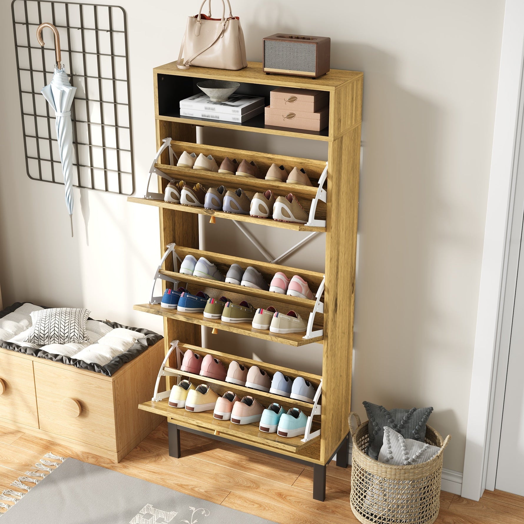 Shoe Cabinet with 3 Drawers and Additional Compartments, Tall and Narrow, Natural Wood Look