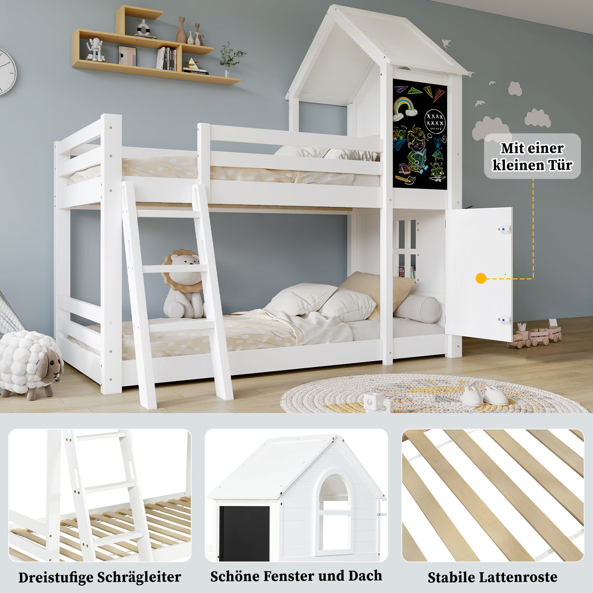 Children's Bunk Bed with Windows & Chalkboard, White Pine