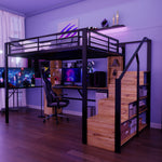 Metal Loft Bed 140x200cm with Desk & Wardrobe, Black