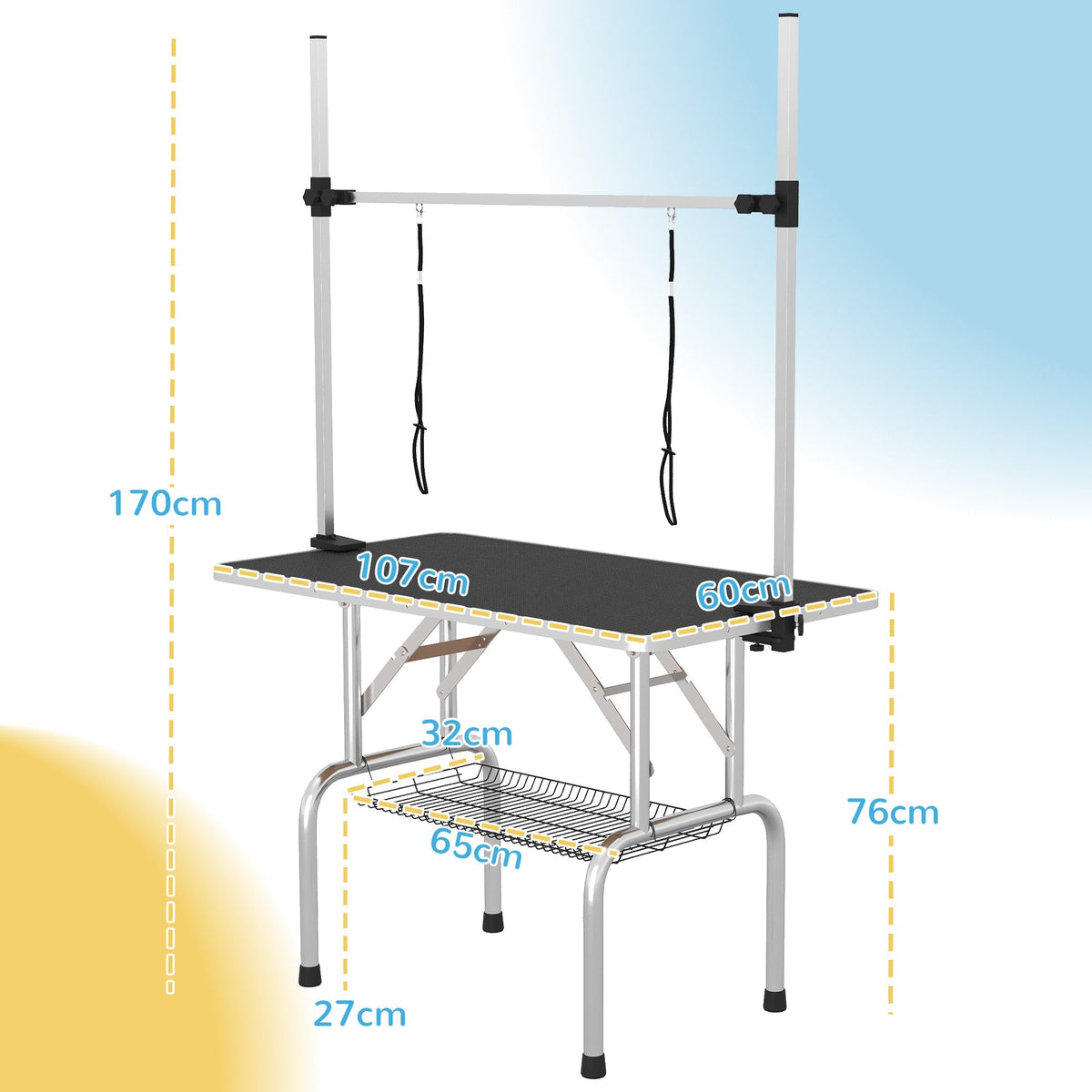 Grooming Table, Height Adjustable Foldable with Basket, Black