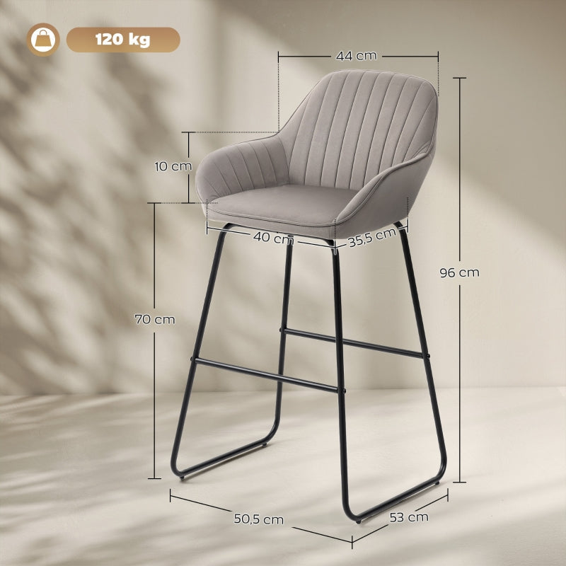 Bar Stools, Set of 2 Upholstered with Metal Legs, Grey