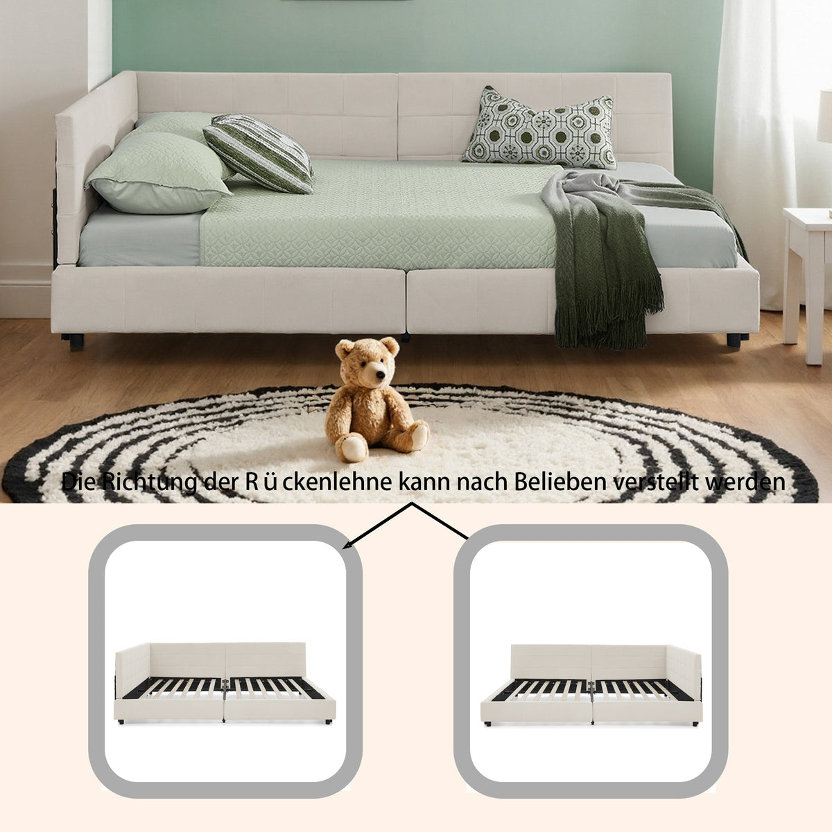 Double Bed 160x200cm Upholstered L-Shape Corner Frame - Velvet Beige