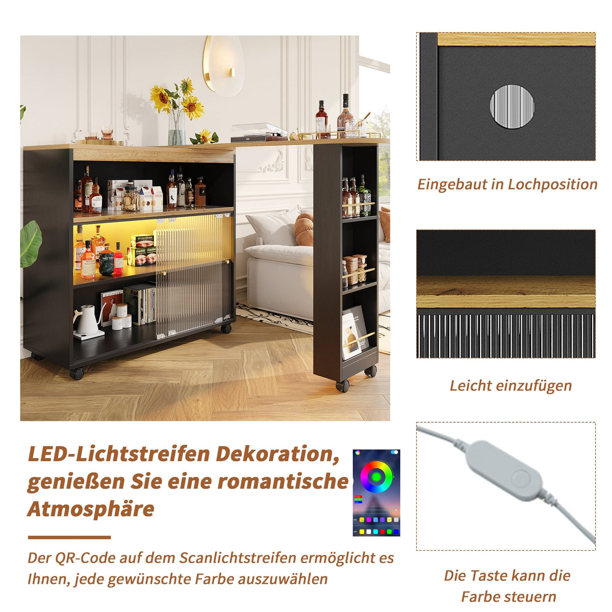 Extendable Bar Table Telescopic with LED Light Storage Cabinet Black