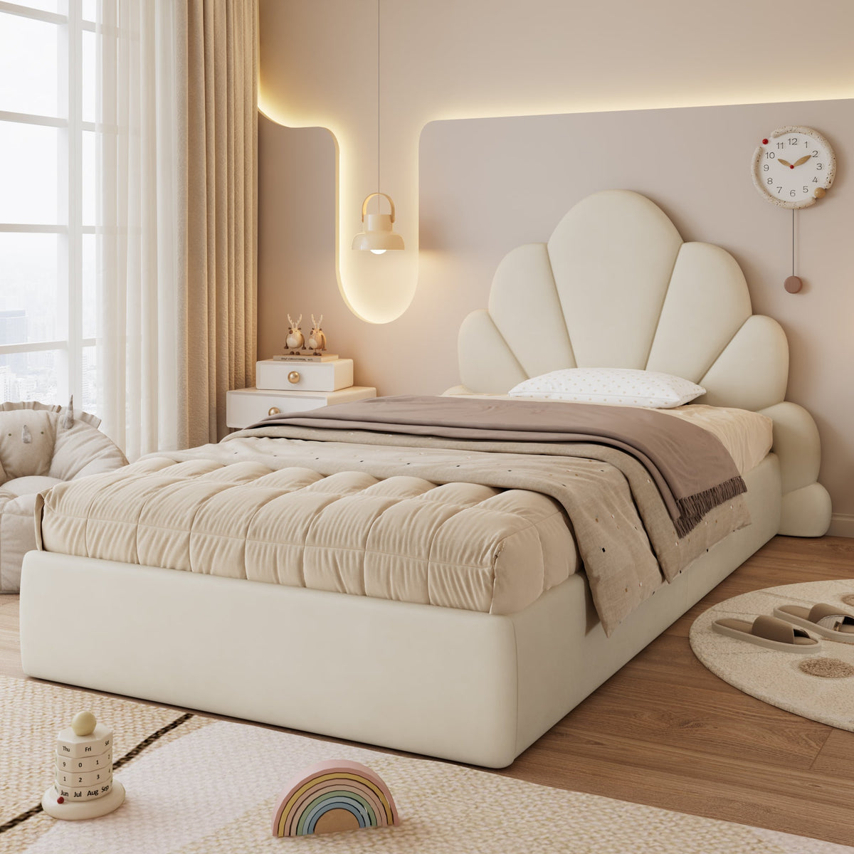 Single Upholstered Bed Curved Petal Headboard 90x200cm, Beige Velvet