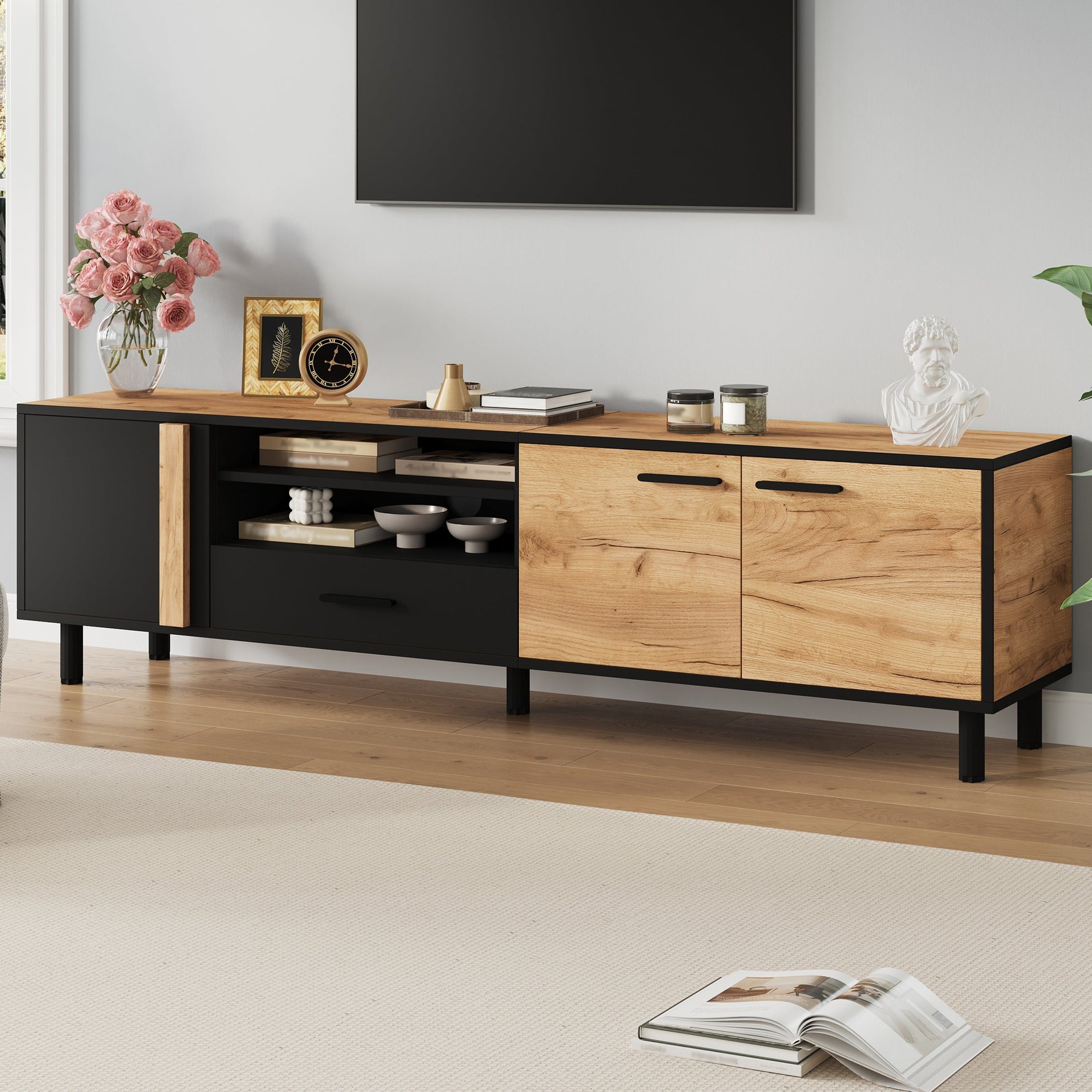 TV Cabinet Lowboard 180cm with 3 Cabinets 1 Drawer for 80 Inch TV
