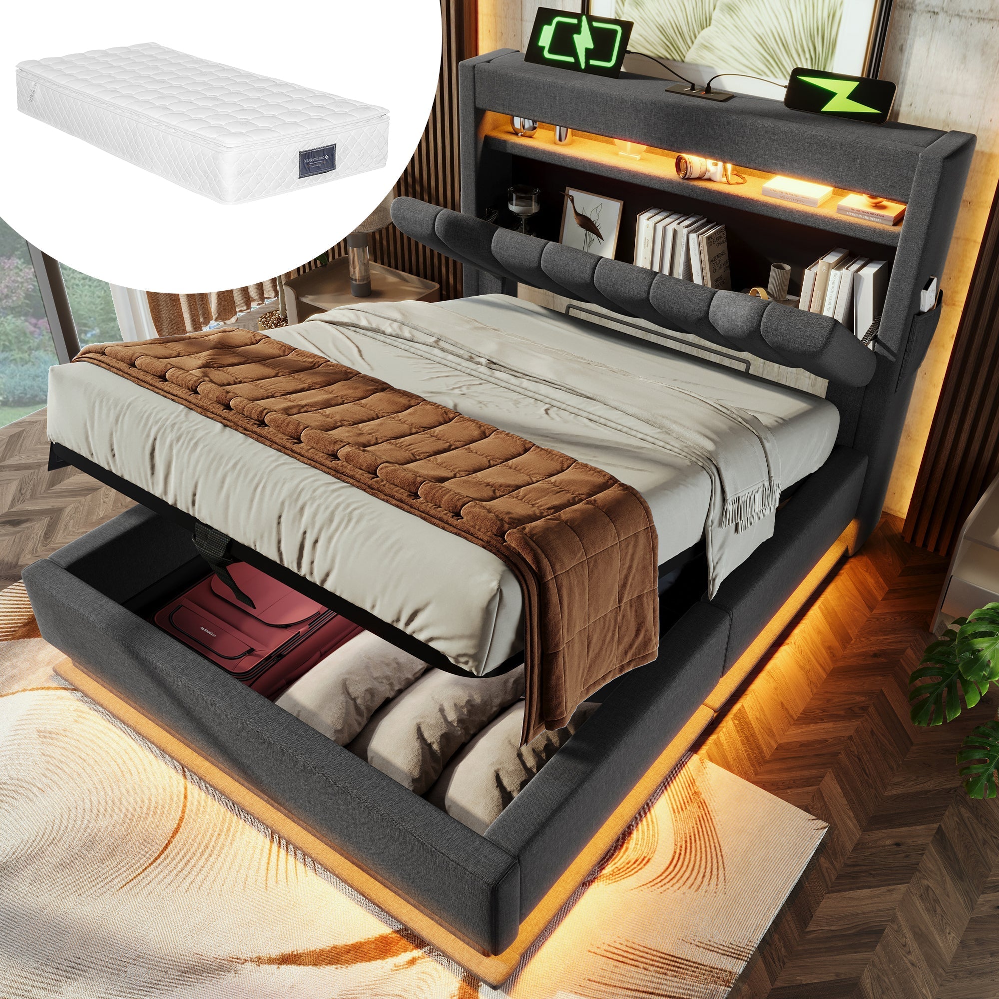 Upholstered Single Bed 90x200cm, Hydraulic Storage Headboard with USB/Type-C, LED Lights, Grey Linen
