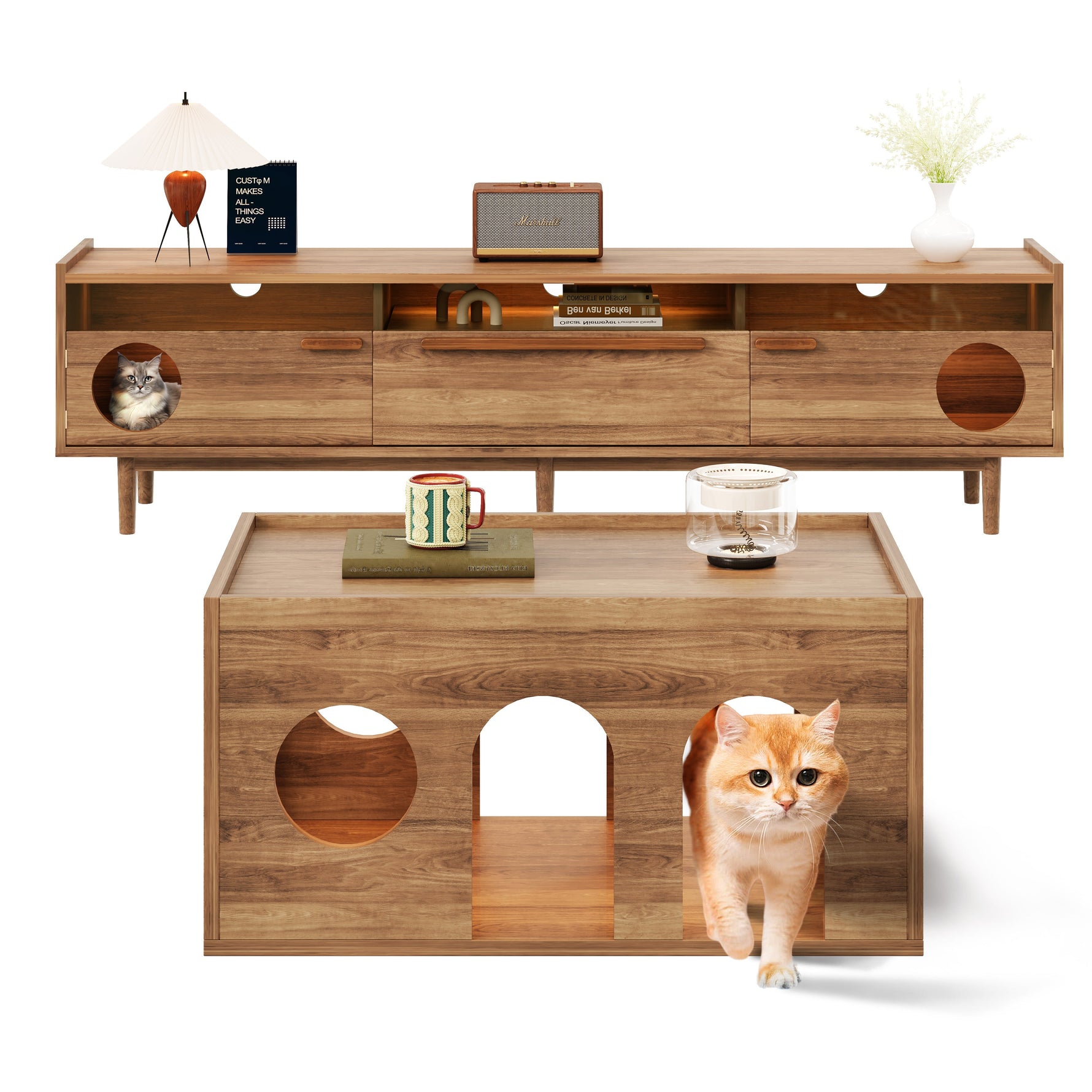 TV Cabinet & Coffee Table Set, 2-Piece LED Cat Basket, Walnut