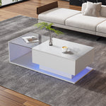 Coffee Table with Glass Top & Drawers, LED Lighting, High-Gloss White