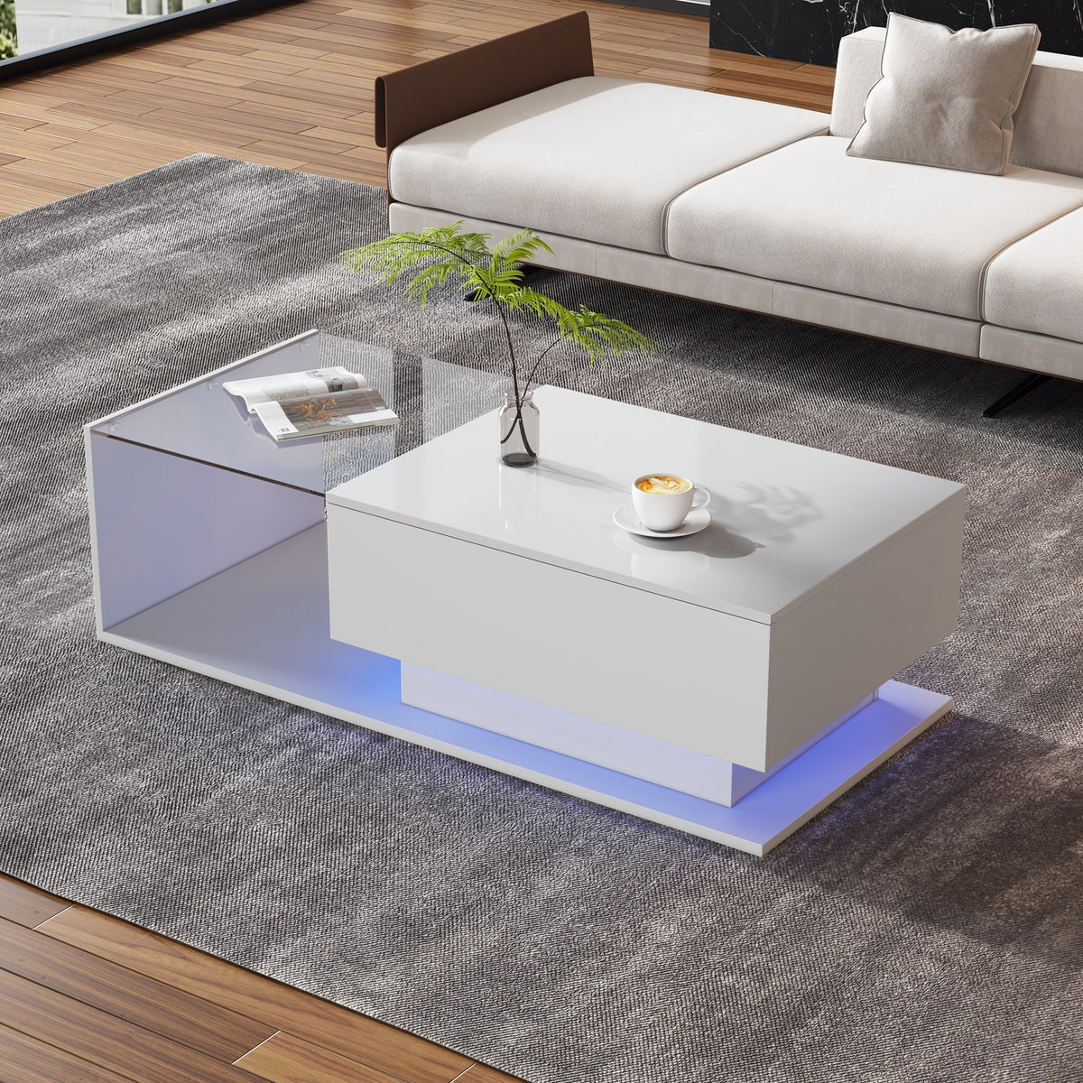 Coffee Table with Glass Top & Drawers, LED Lighting, High-Gloss White
