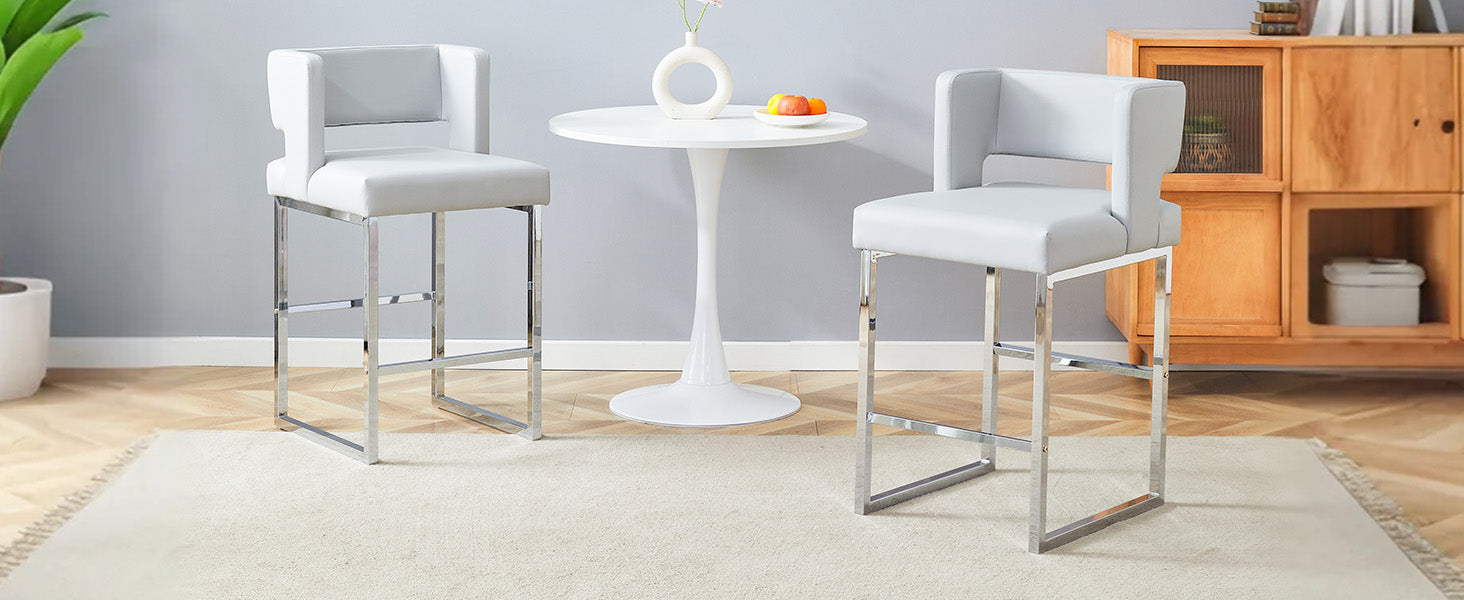 Nordic Bar Chairs Set of 2 Modern Square Design Silver Metal Legs Light Grey