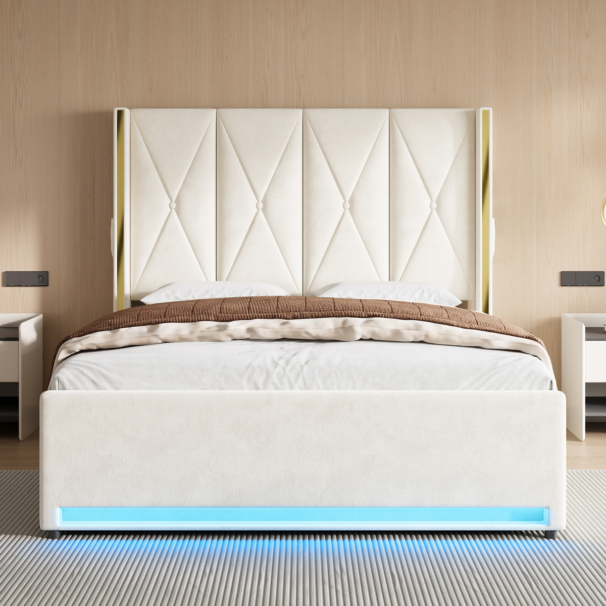 Hydraulic Storage Bed with LED & USB, 160x200 cm, Velour