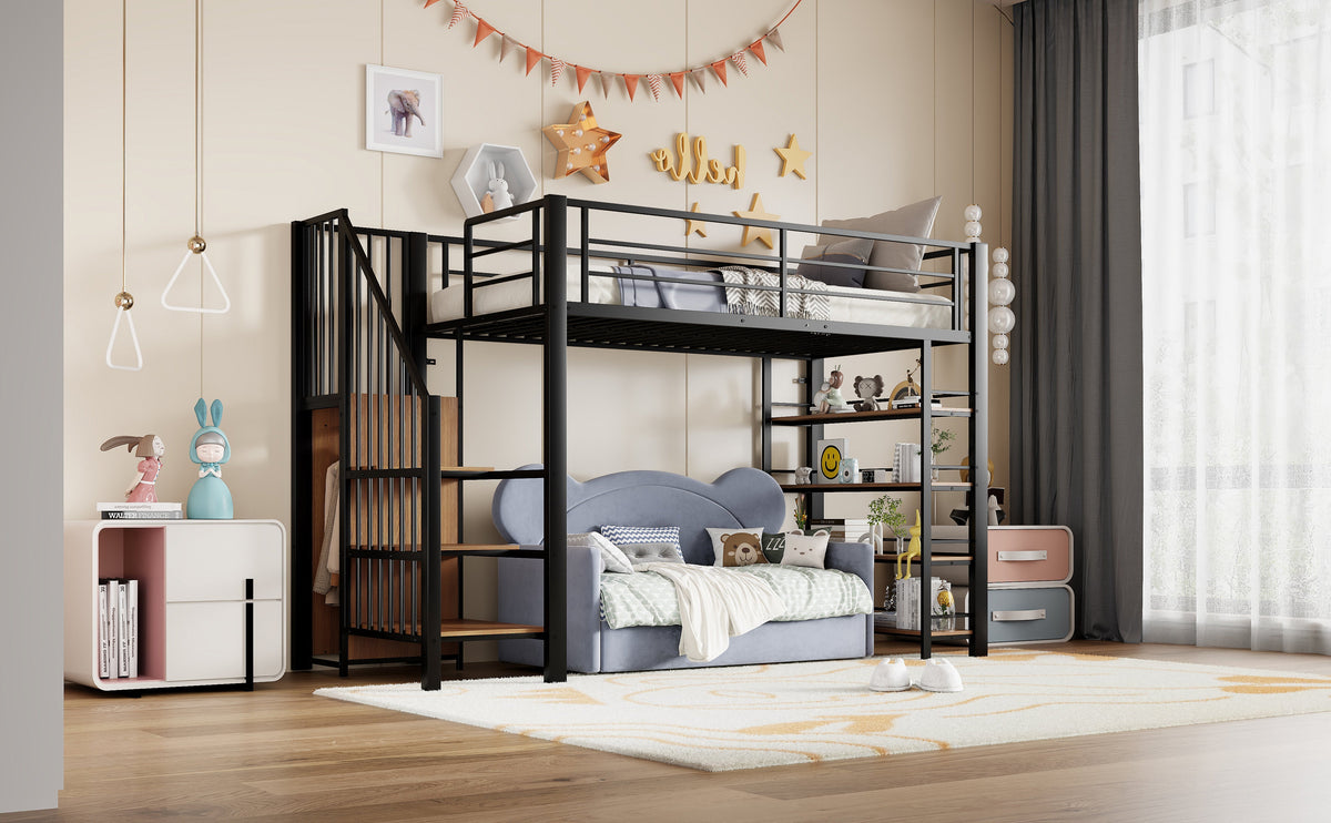 Loft Bed, 90x200 with Safety Stairs & Storage Wardrobe, Black