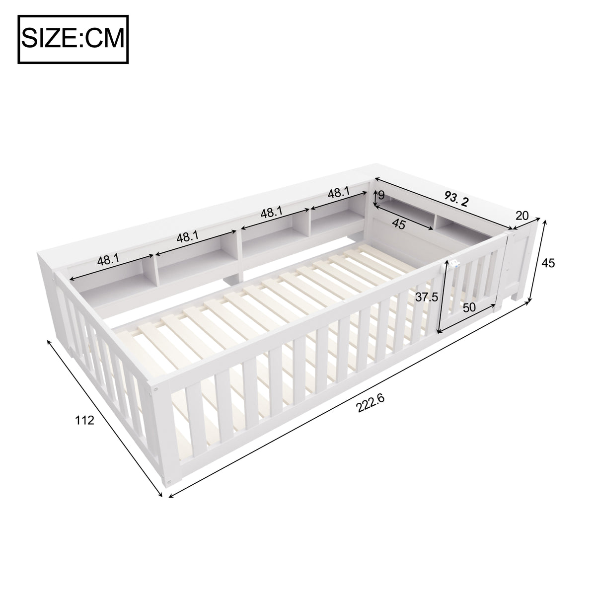 Kids Bed 90x200cm with Storage & Safety Rail, Solid Wood White
