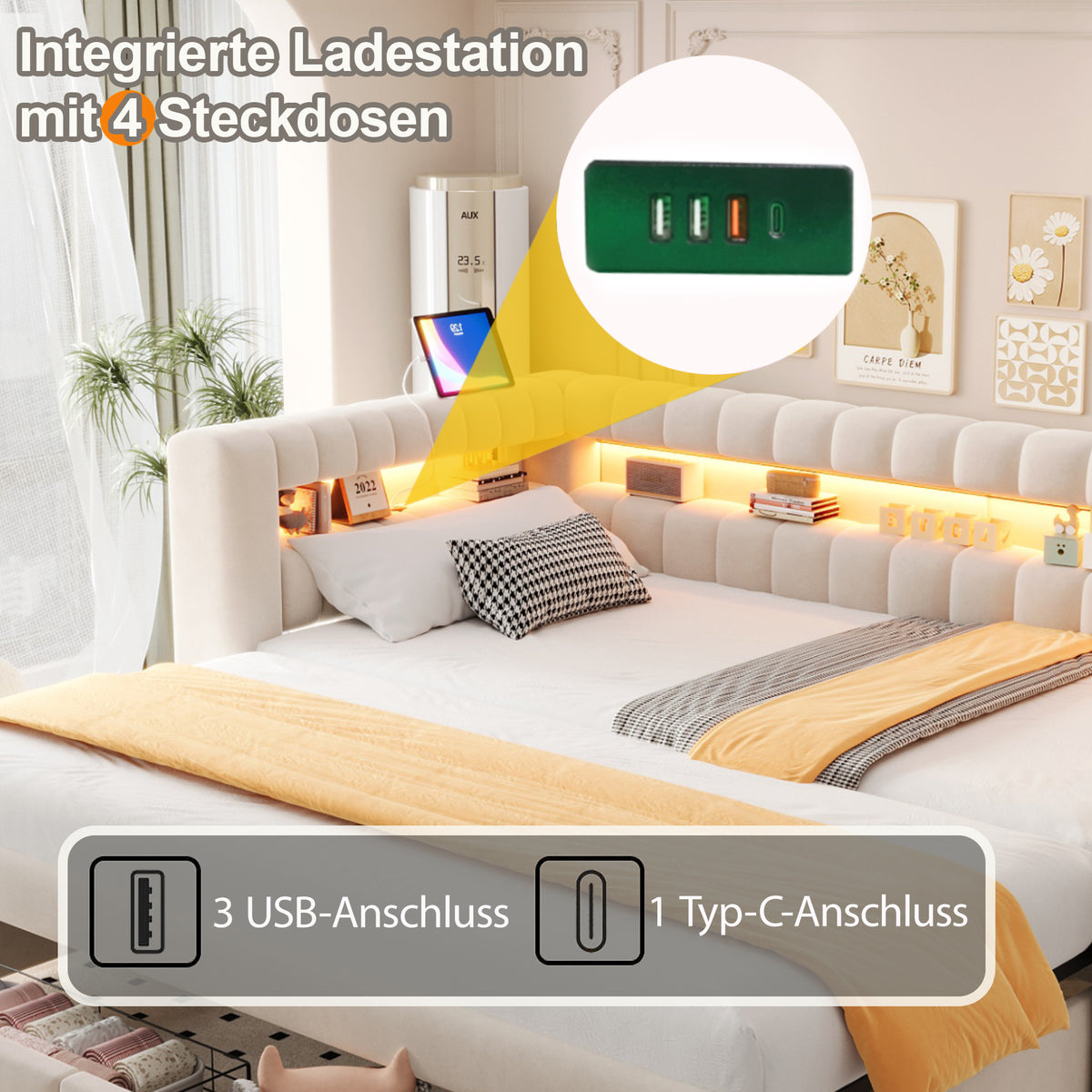Upholstered Sofa Bed with Pull-Out Bed & Drawers, Beige Velvet