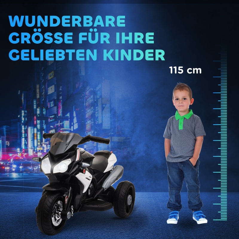 Electric Kids Motorcycle, Lights & Sounds, 3 km/h, Rechargeable, Black/White