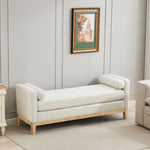 Elegant Upholstered Bench, Daybed Ottoman with Wood Legs and 2 Bolster Pillows, Ivory Boucle