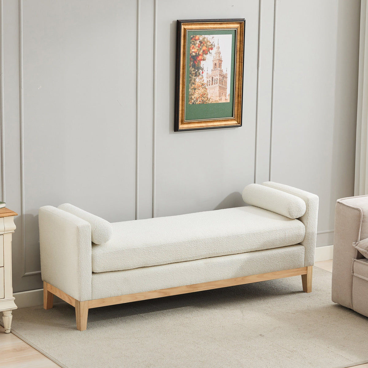 Elegant Upholstered Bench, Daybed Ottoman with Wood Legs and 2 Bolster Pillows, Ivory Boucle