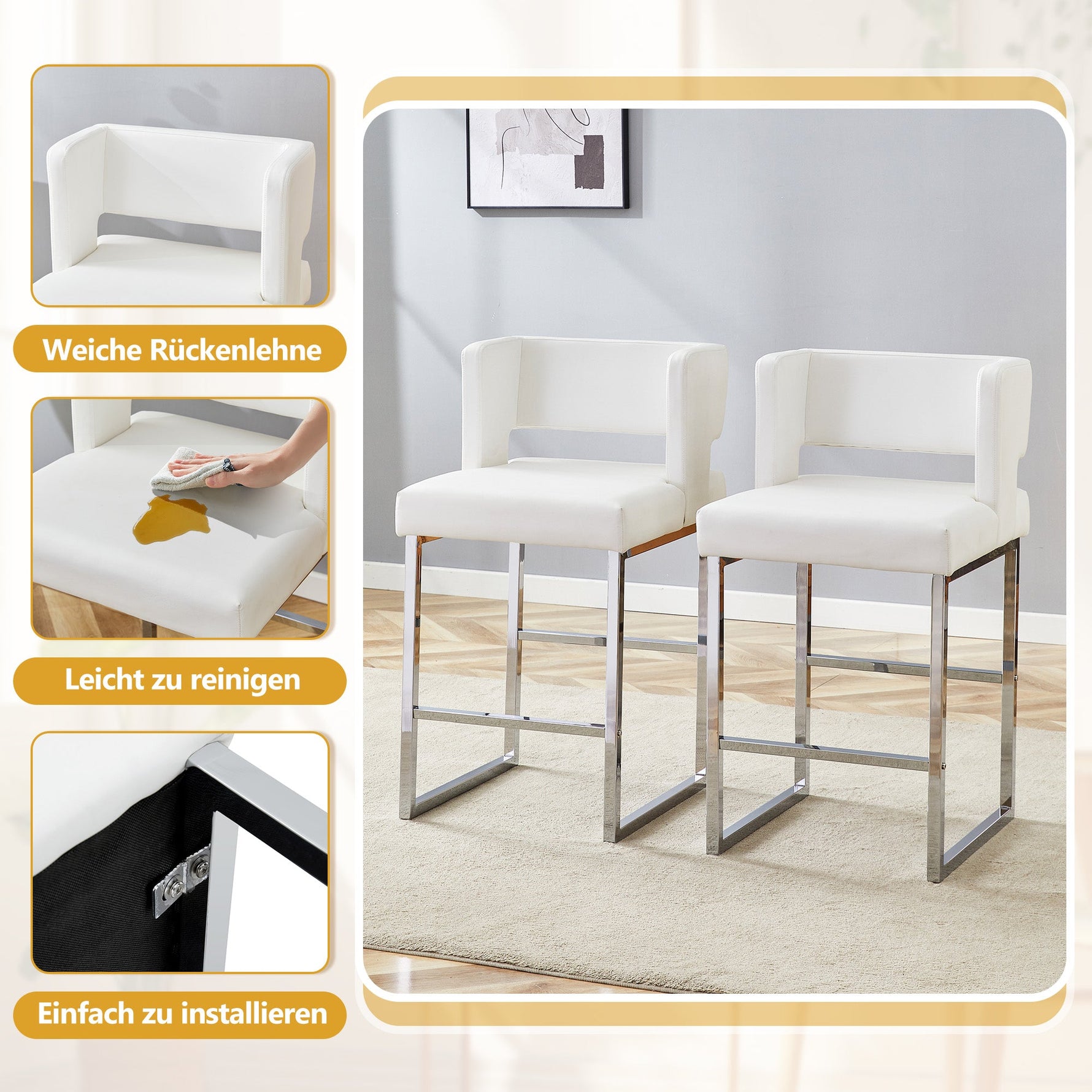 Bar Stools 2-Pack Nordic Style Modern Square Design Silver Metal Legs