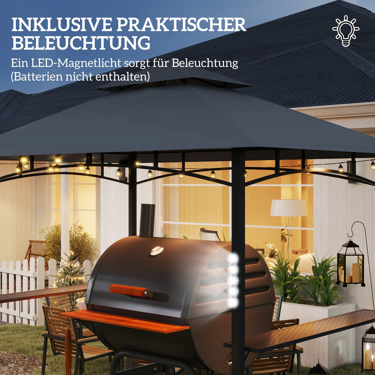 Grill Gazebo LED Lighting, Double Roof, Side Shelves, Waterproof Metal Grey