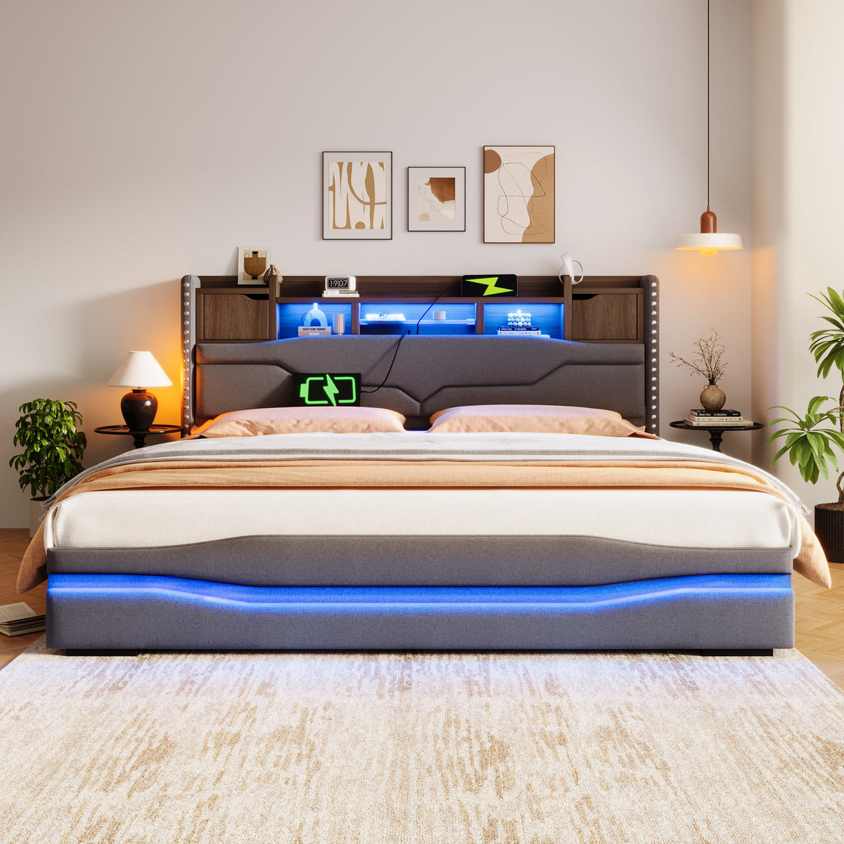Upholstered Bed 180x200cm with Hydraulic Storage & LED, Grey
