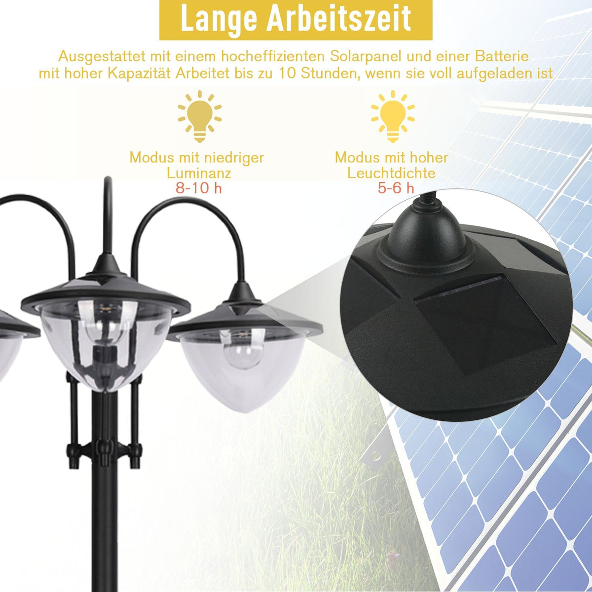 Solar Lantern 3-Piece Set, Floor Lamp Waterproof IP44 Flower Pot Base, Metal Black
