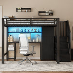 Metal Loft Bed with Desk, Shelf, Wardrobe and Storage Stairs, 140x200cm, Black Metal