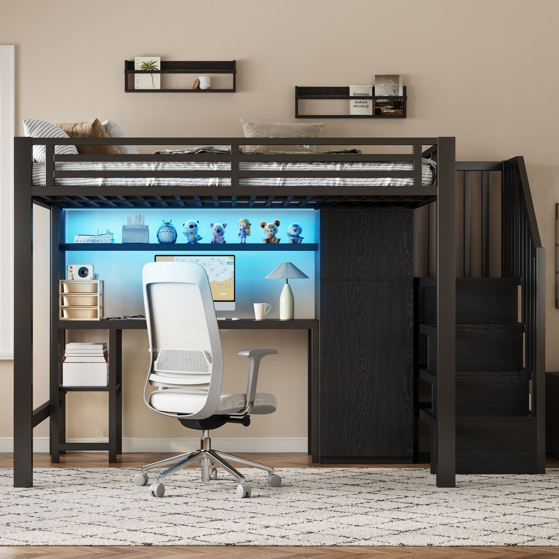Metal Loft Bed with Desk, Shelf, Wardrobe and Storage Stairs, 140x200cm, Black Metal