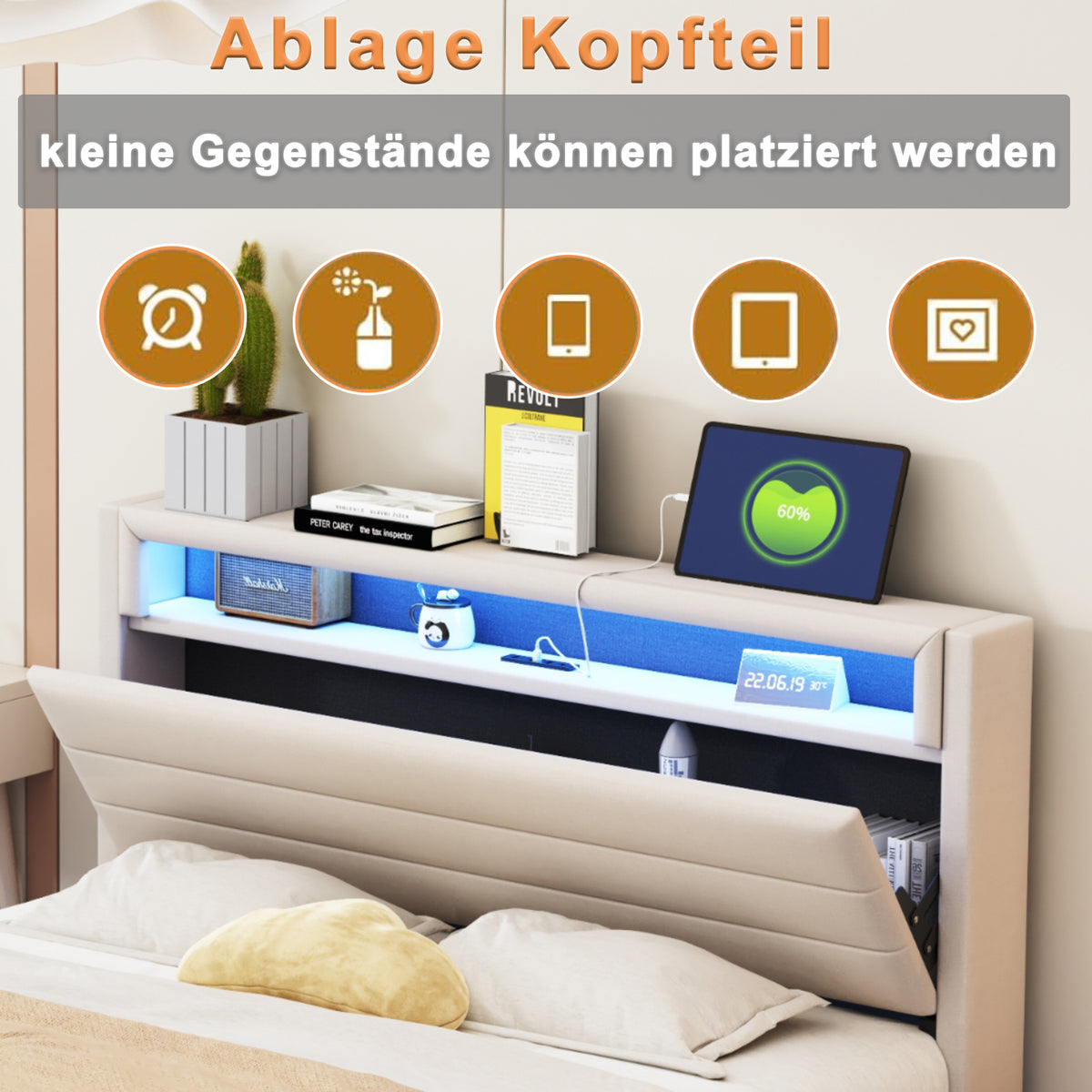 Upholstered Bed 160x200 cm with USB & LED Light, Beige Linen