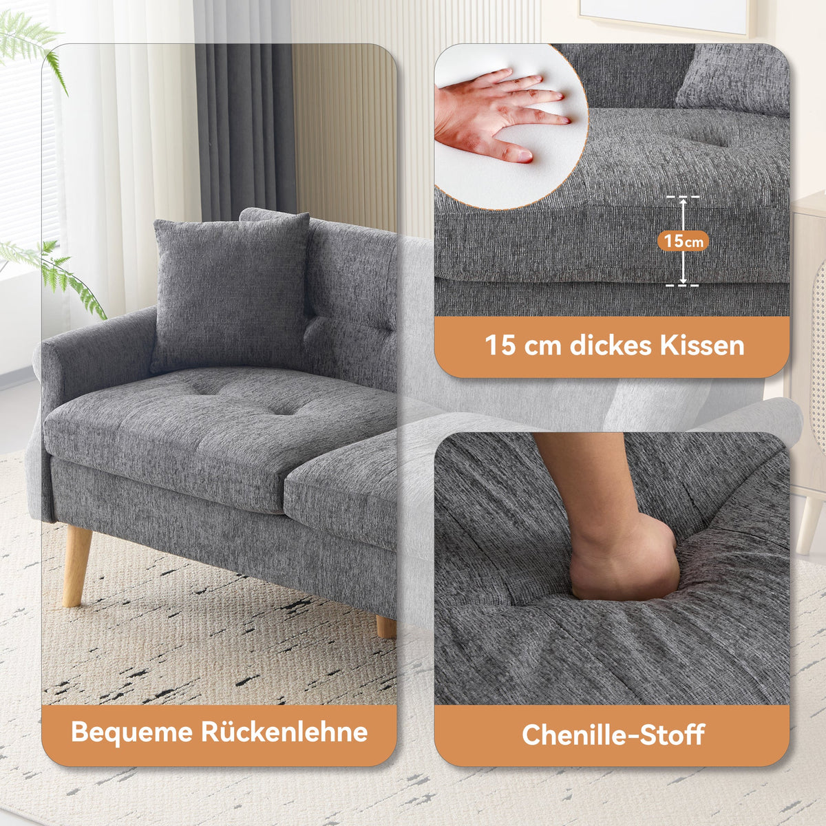 Sofa, Double Upholstered with Thick Cushions, Chenille Fabric