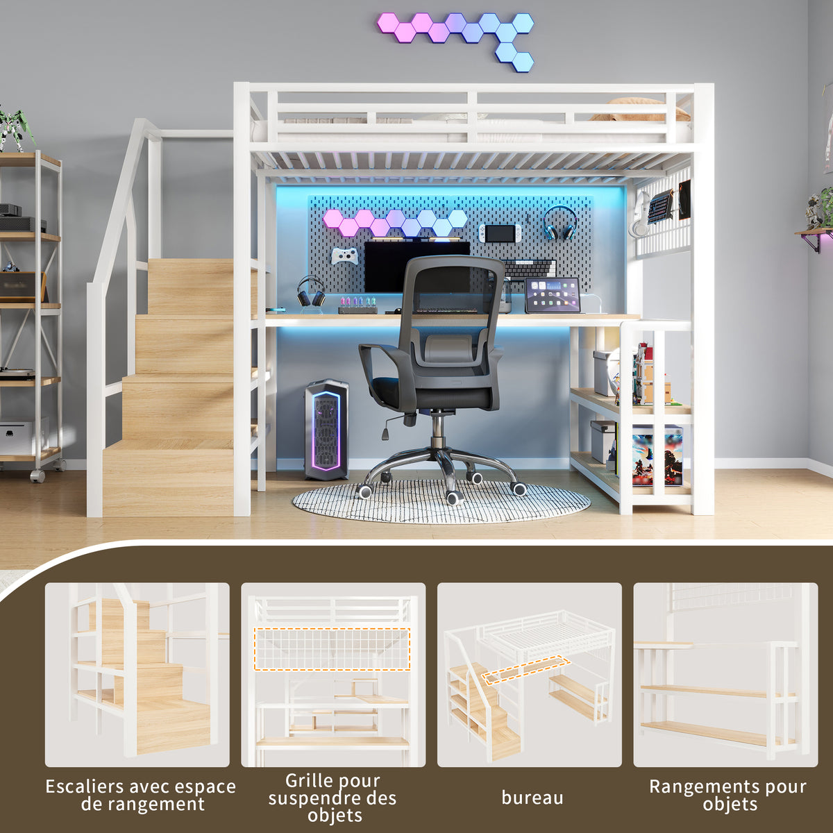 Loft Bed 140x200cm with Desk, Storage & LED, White Iron Frame