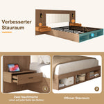 Double Bed with USB Charging Station, Reading Lamp and 2 Bedside Tables, 180x200cm, Walnut Wood Color