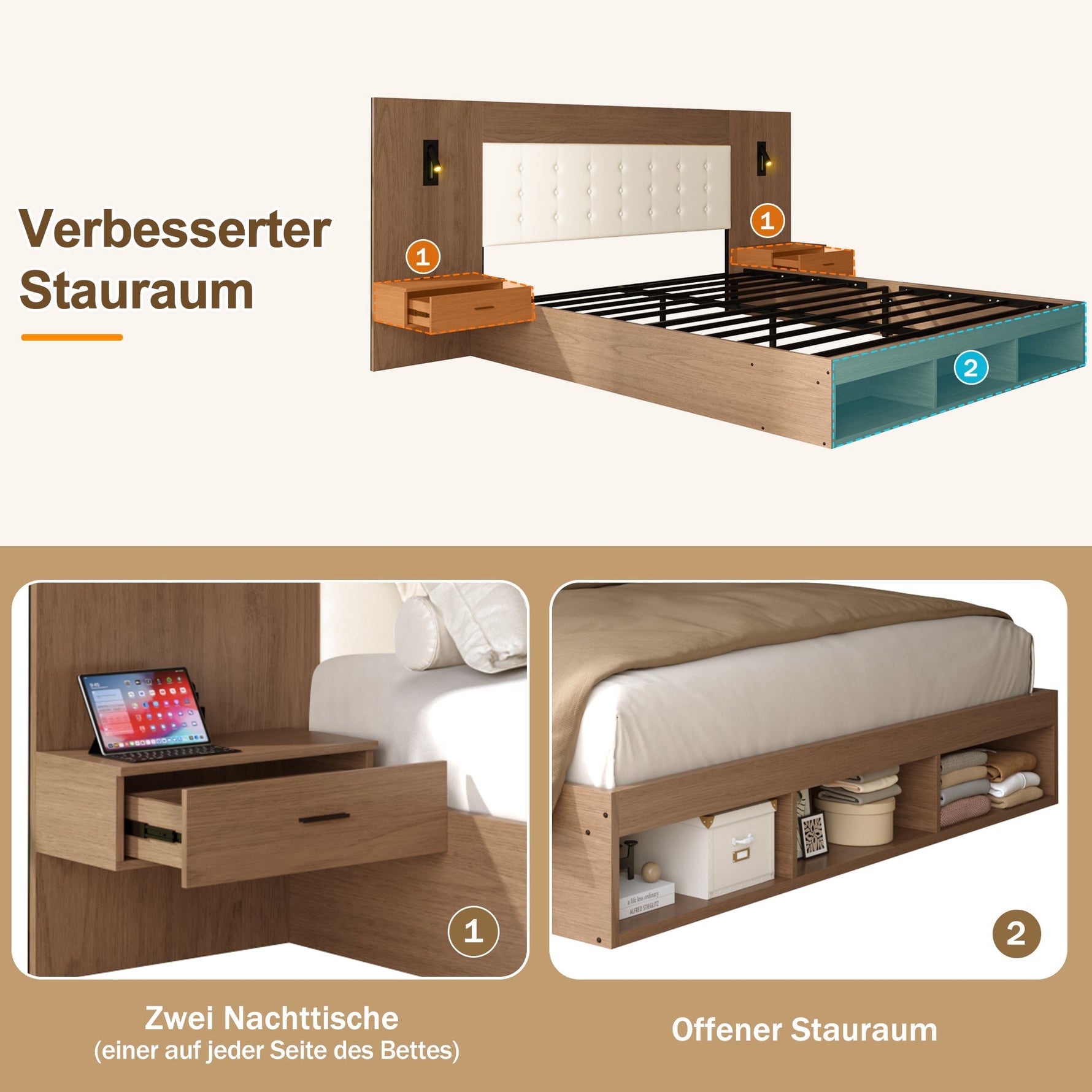 Double Bed with USB Charging Station, Reading Lamp and 2 Bedside Tables, 180x200cm, Walnut Wood Color