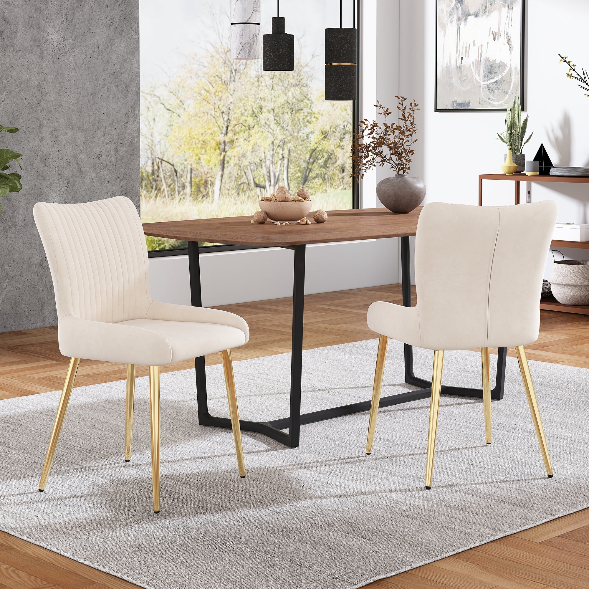 Velvet Dining Chair Set of 2 Gold Metal Legs Lumbar Support - Beige