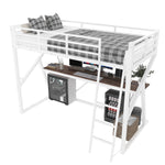 Loft Bed 90x200cm with Desk, LED & Stairs, White Iron Frame