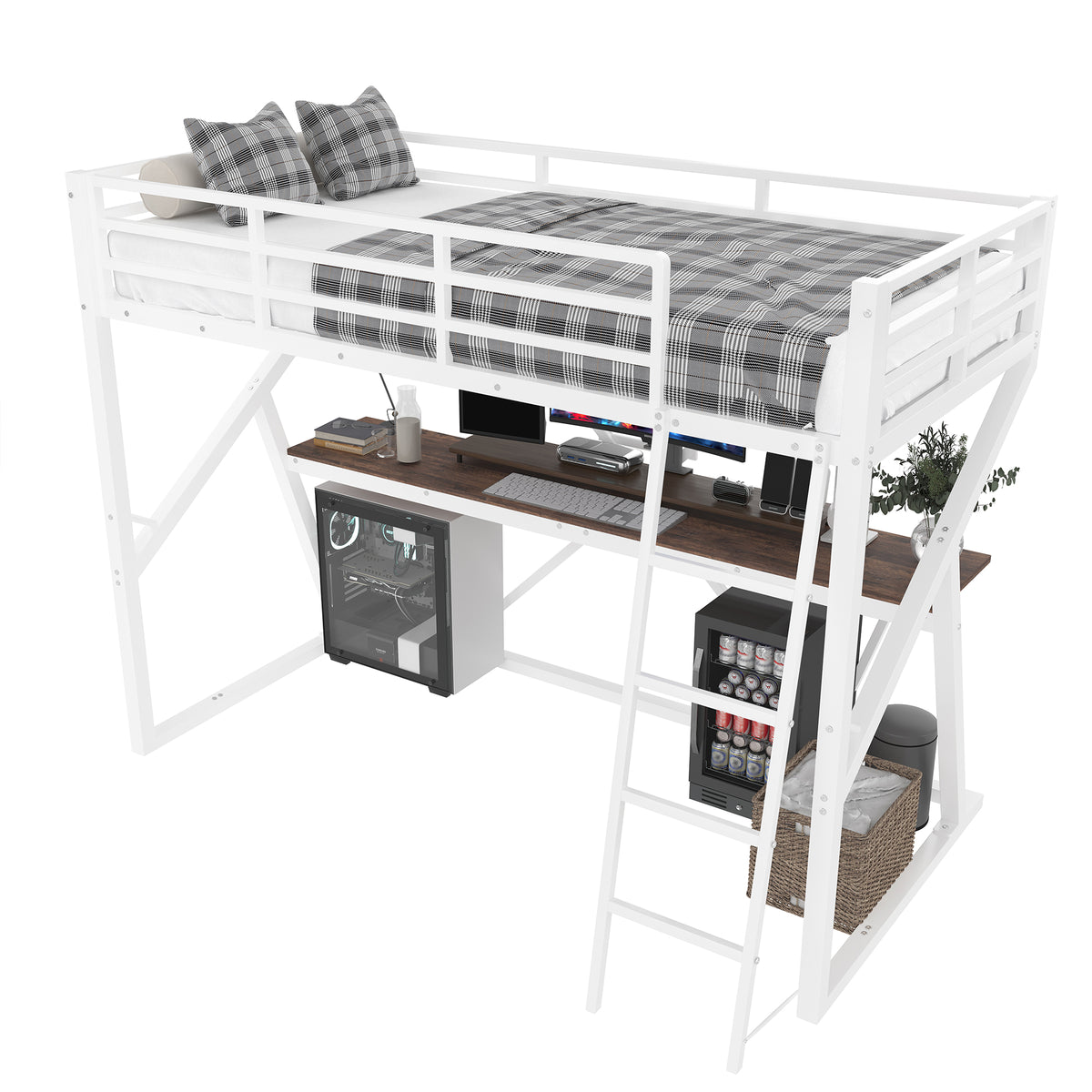 Loft Bed 90x200cm with Desk, LED & Stairs, White Iron Frame
